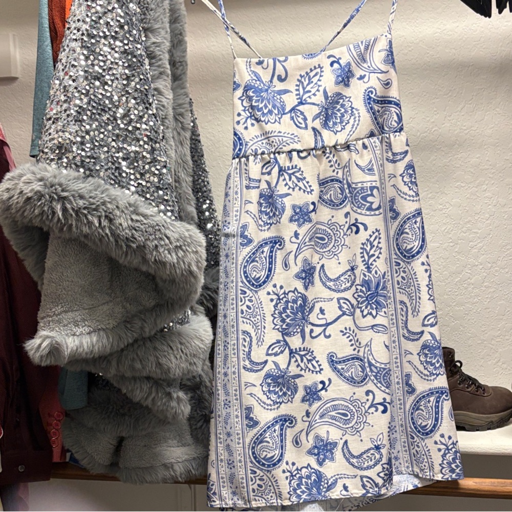 White Sundress with Blue Paisley Print and Spaghetti Straps